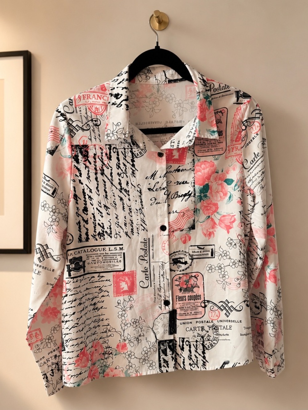 Source Unknown Coral Pink Floral & Script Button-Up Shirt